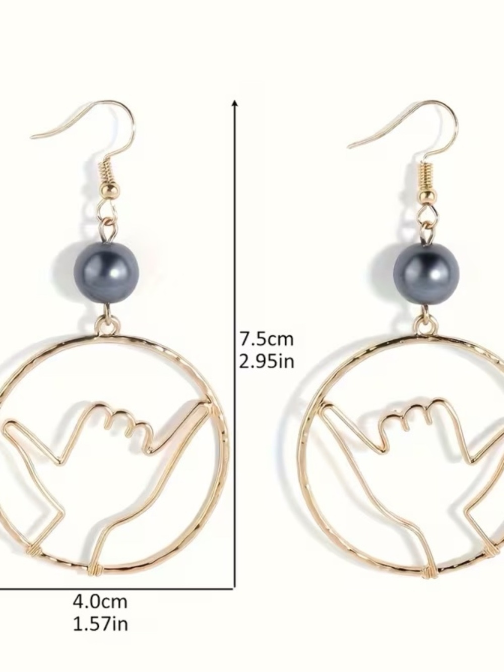 Gold Pearl Shaka Hand Earrings | Hawaiian, Islander Style - Picture 3 of 3